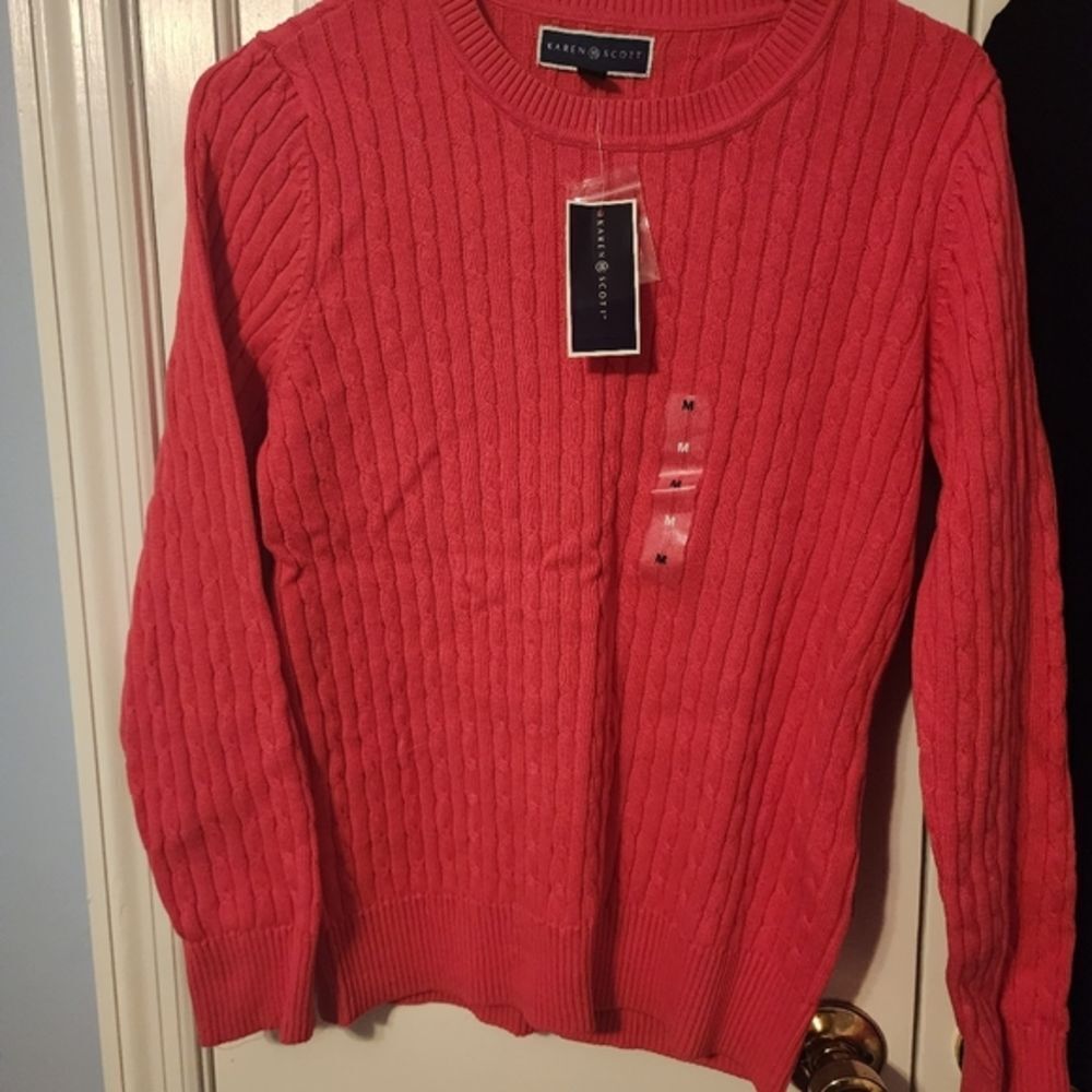 Karen Scott Ribbed Crew Neck Sweater Casual Pink Preppy New NWT Classic